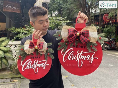 Bảng treo cửa giáng sinh lá PE dáng trái châu [2 Size - 3 màu] X-BTRC-40